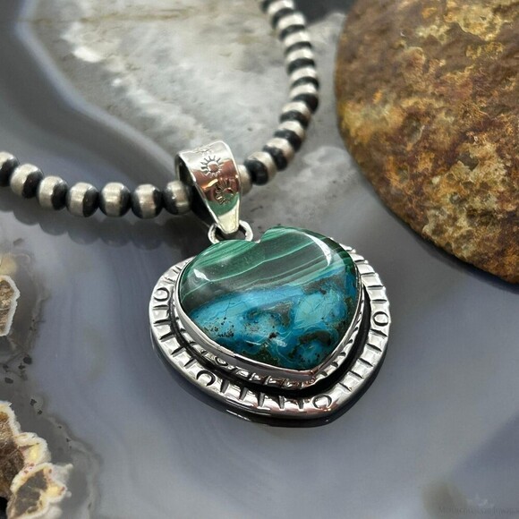 Sterling Silver Southwestern Style Azurite Malachite Heart Pendant For Women - Picture 4 of 10